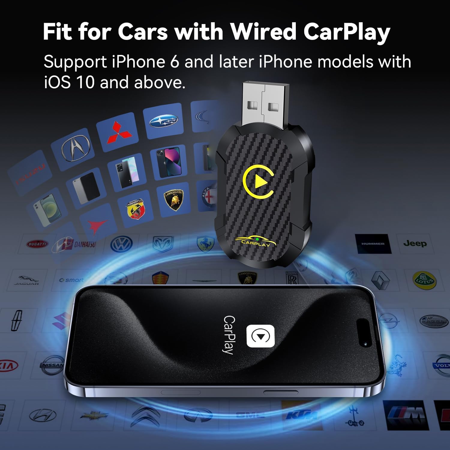 Carplay adaptateur sans fil, Mise à Niveau 2025 USB carplay , convertir carplay filaire en carplay sans fil, adaptateur sans fil plug and play pour voiture après 2016, compatible avec iPhone iOS 10 +