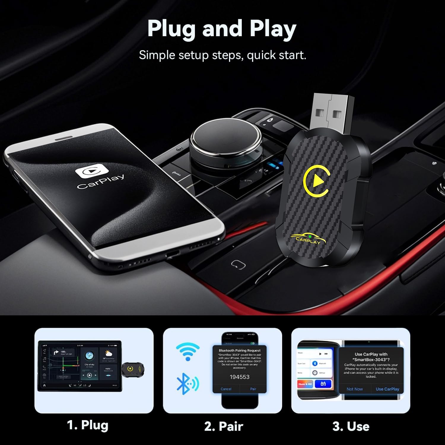 Carplay adaptateur sans fil, Mise à Niveau 2025 USB carplay , convertir carplay filaire en carplay sans fil, adaptateur sans fil plug and play pour voiture après 2016, compatible avec iPhone iOS 10 +