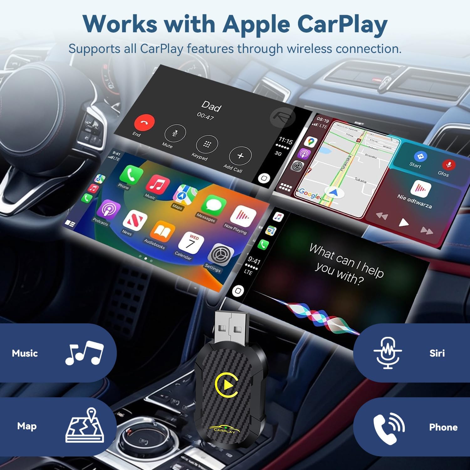 Carplay adaptateur sans fil, Mise à Niveau 2025 USB carplay , convertir carplay filaire en carplay sans fil, adaptateur sans fil plug and play pour voiture après 2016, compatible avec iPhone iOS 10 +